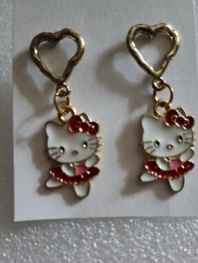 Hand Crafted Gold-Tone White and Red Hello Kitty Heart Drop Earrings